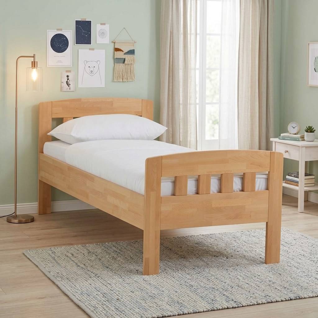 Komfort-Einzelbett Label aus Massivholz Buche klar lackiert