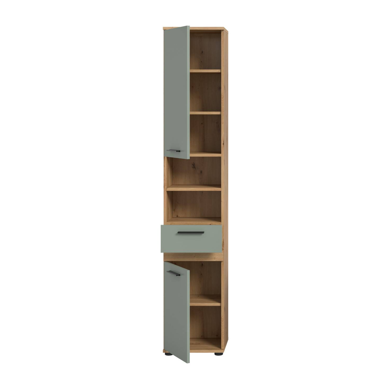 Hoher Badschrank in Holzoptik mit mintgrünen Türen und Schublade, offene Fächer – Luzanos