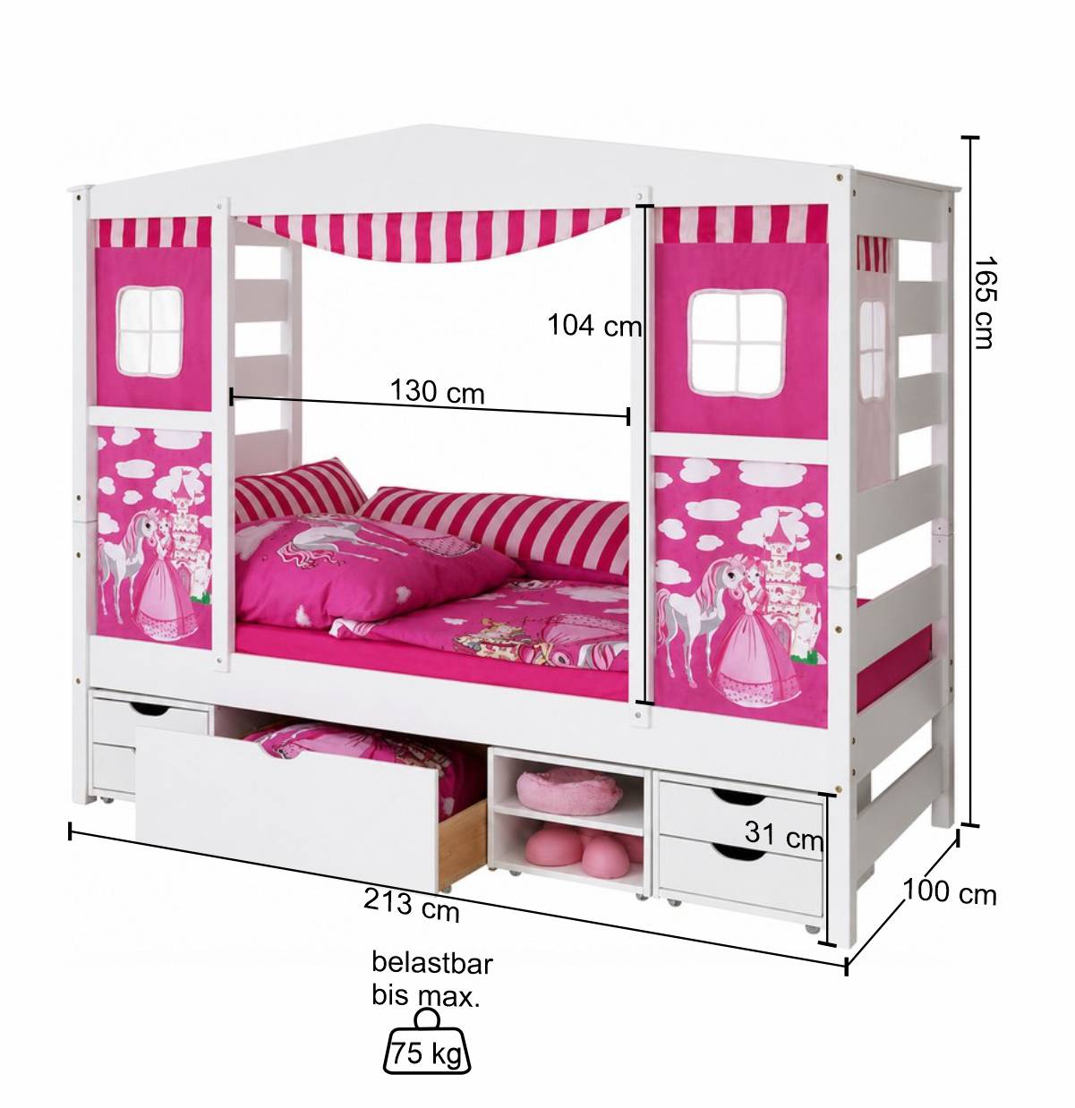 Rosafarbenes Prinzessin-Kinderbett Mantua mit Stauraum