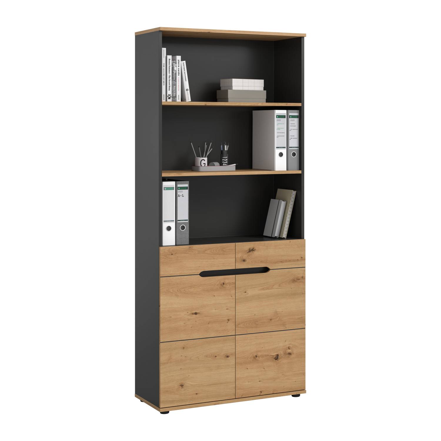 Hoher Büroschrank in Artisan Holzoptik und Basaltgrau mit offenen Regalen, Schubladen und Türen – Irysma
