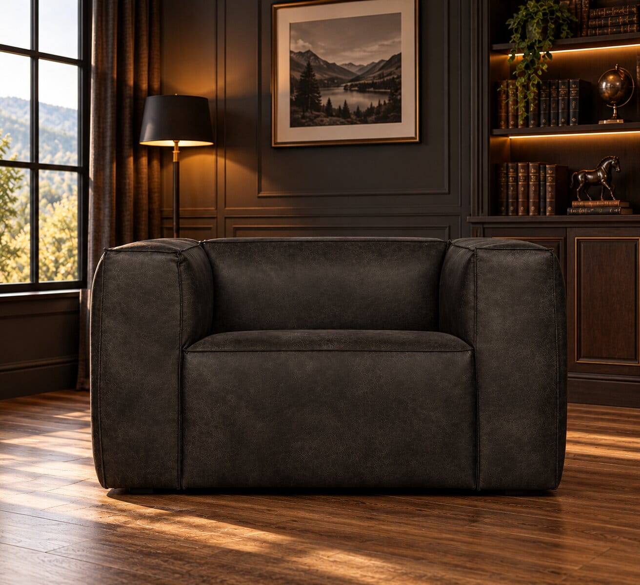 Moderner Ledersessel in Schwarz - kantiges Design aus Recyclingleder