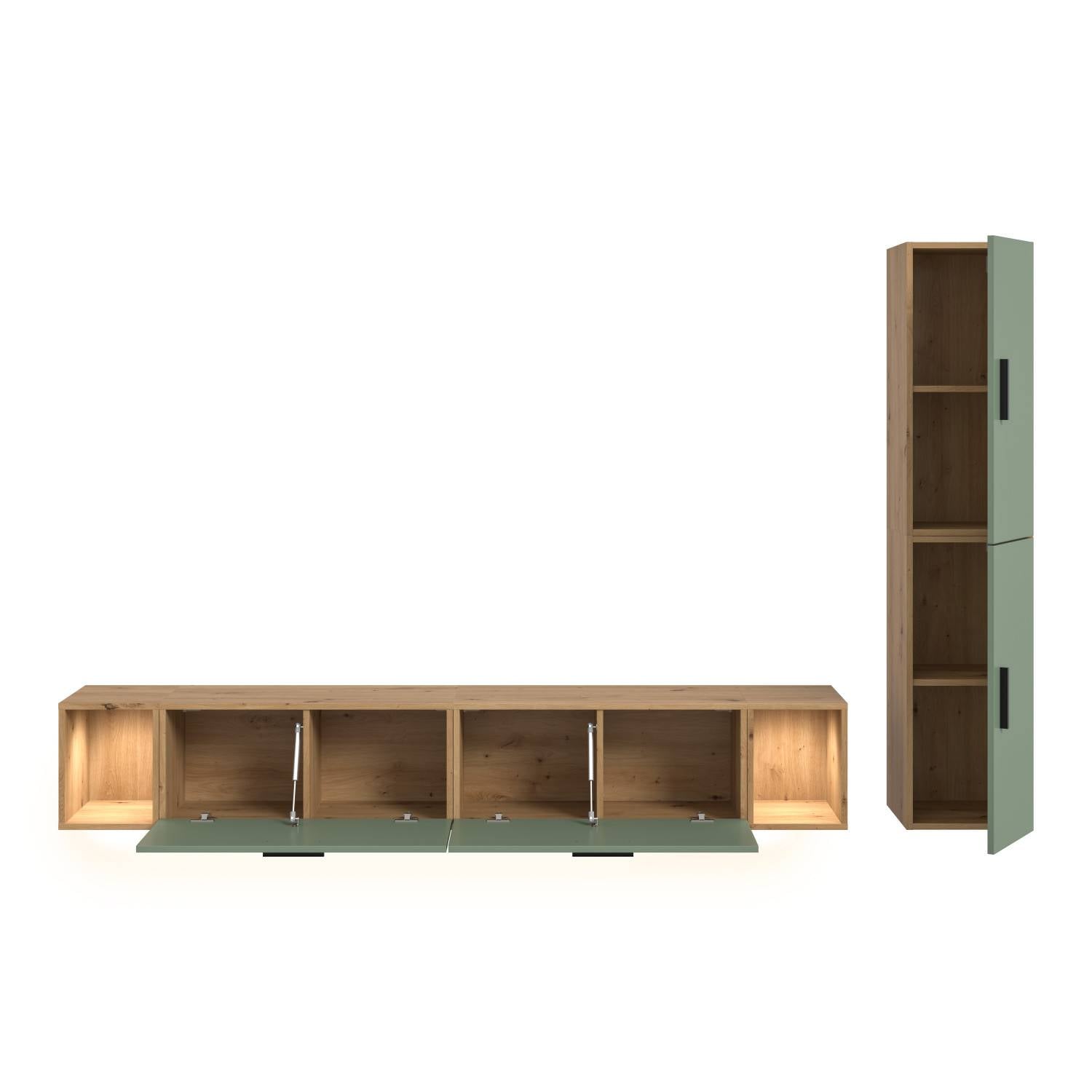 Zweiteilige Medienwand mit offenem Lowboard und Hochschrank in Holzoptik und Salbeigrün – Jonni