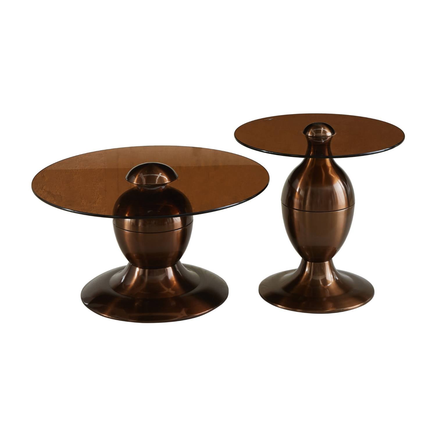 Zweiteiliger Satztisch mit Kelchfuß und runder Rauchglasplatte in Bronze-Optik – Leyco