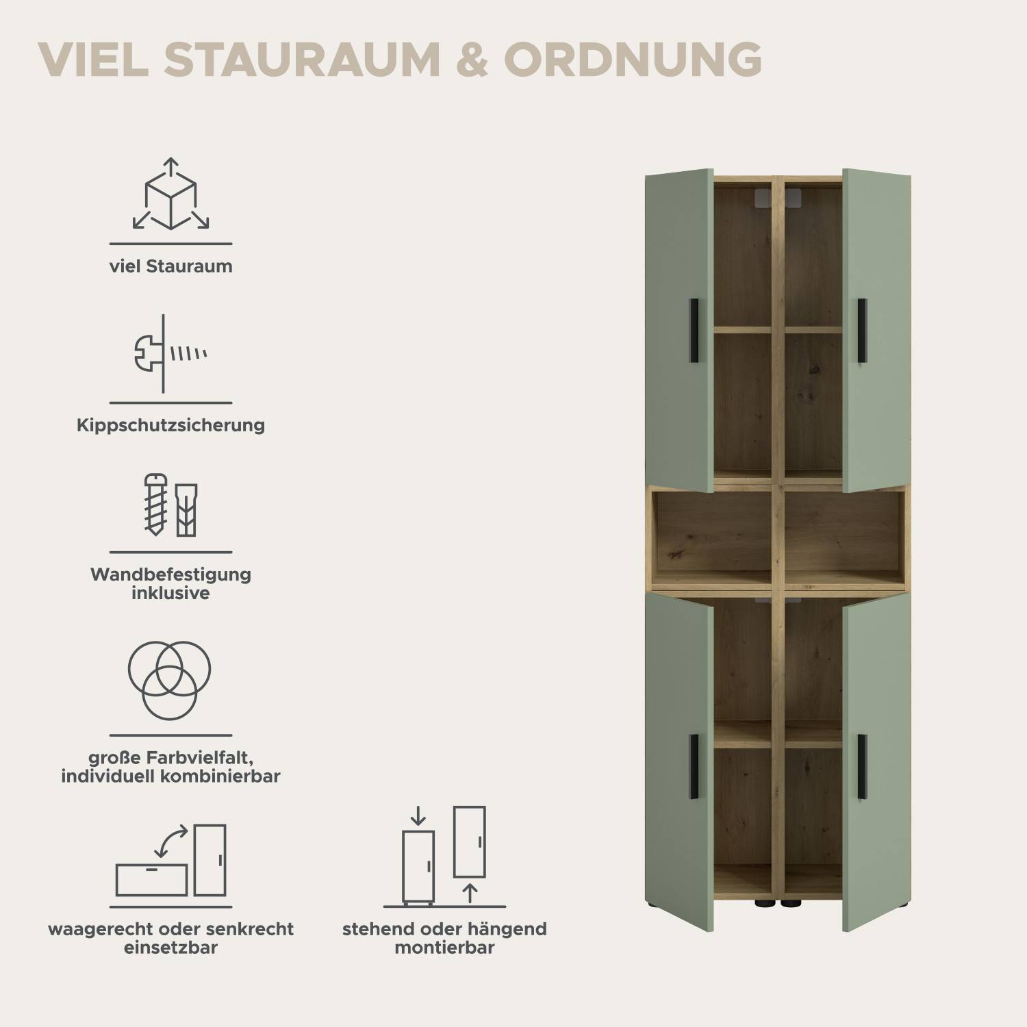 Übersicht der Funktionen: viel Stauraum, Kippschutz, Wandbefestigung und flexible Montage – Jonni