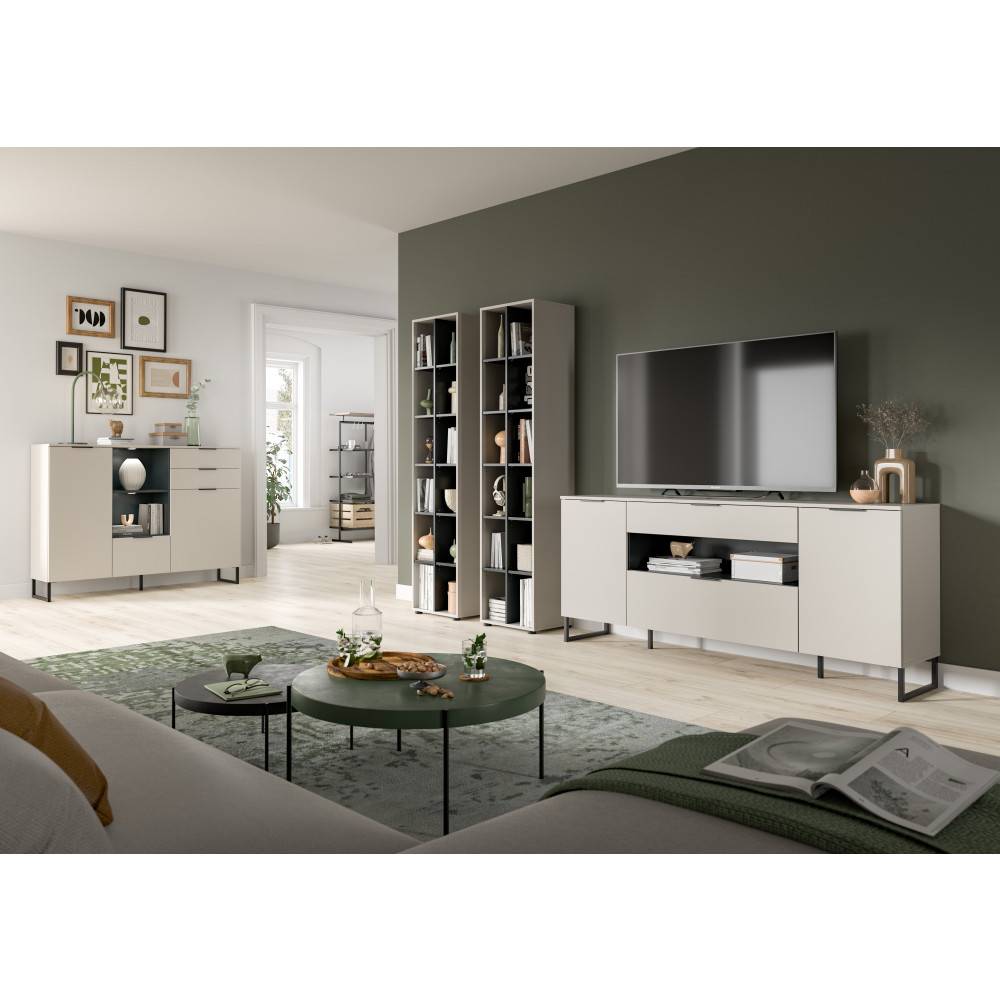 Dreiteilige Anbauwand in Beige-Grau mit TV-Möbel und zwei Regalen im Wohnzimmer – Ostinia