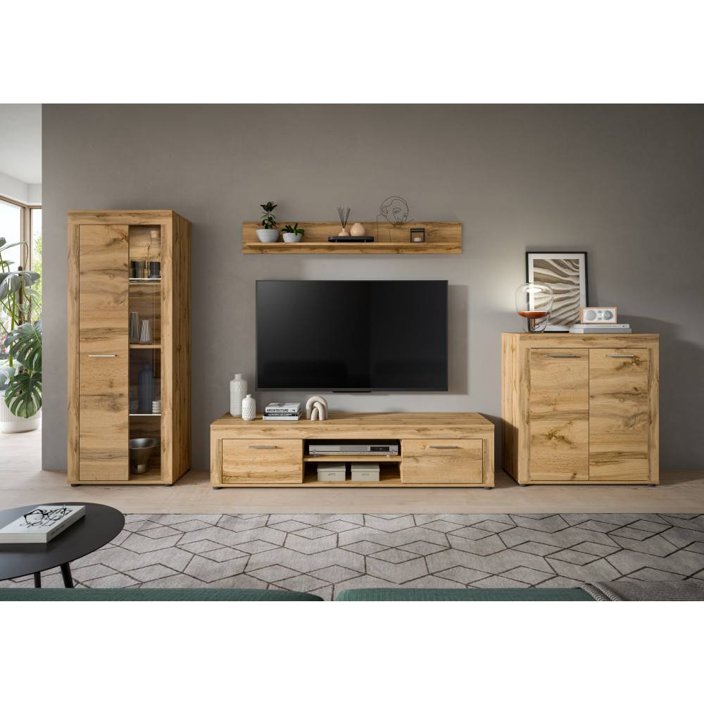 Vierteilige Fernsehwand in Eichenholzoptik mit TV-Schrank, Vitrine und Regal im Wohnzimmer – Ianovar