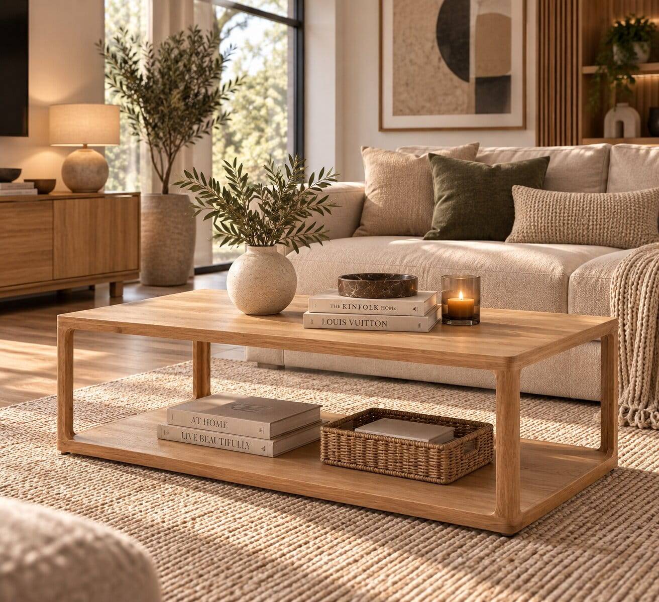 Design Couchtisch in Eiche teilmassiv mit flacher Bodenplatte