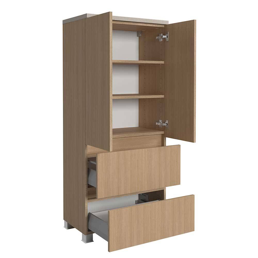 Offener Badezimmer-Midischrank mit zwei Türen, drei Regalböden und zwei ausziehbaren Schubladen – Vibulam