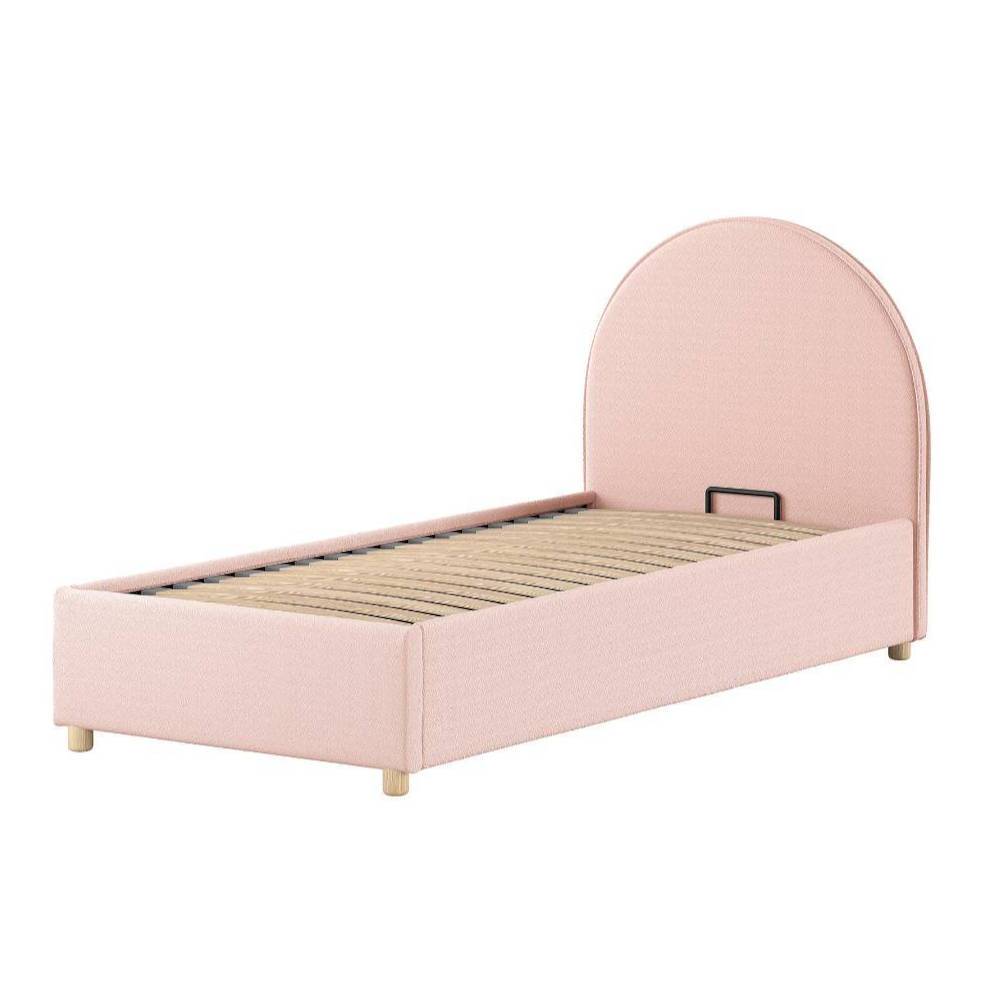 Rosa Boucle Polsterbett 90x200 mit gewölbtem Kopfteil für das Schlafzimmer – Skylab