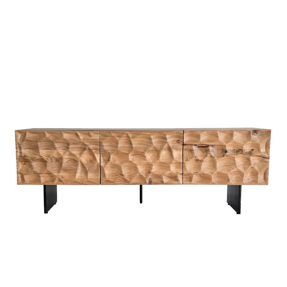 Modernes TV Regal aus Akazie Massivholz mit drei Türen und schwarzen Metallbeinen – Middle