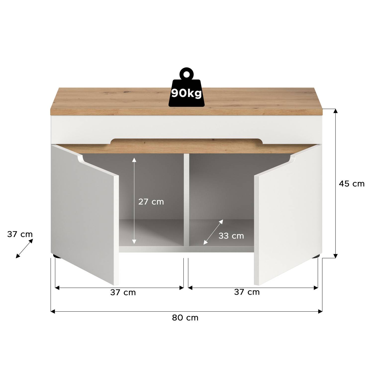 Schuhbank Maße und Abmessungen in cm mit Stauraum und 90kg Traglast – Sandy