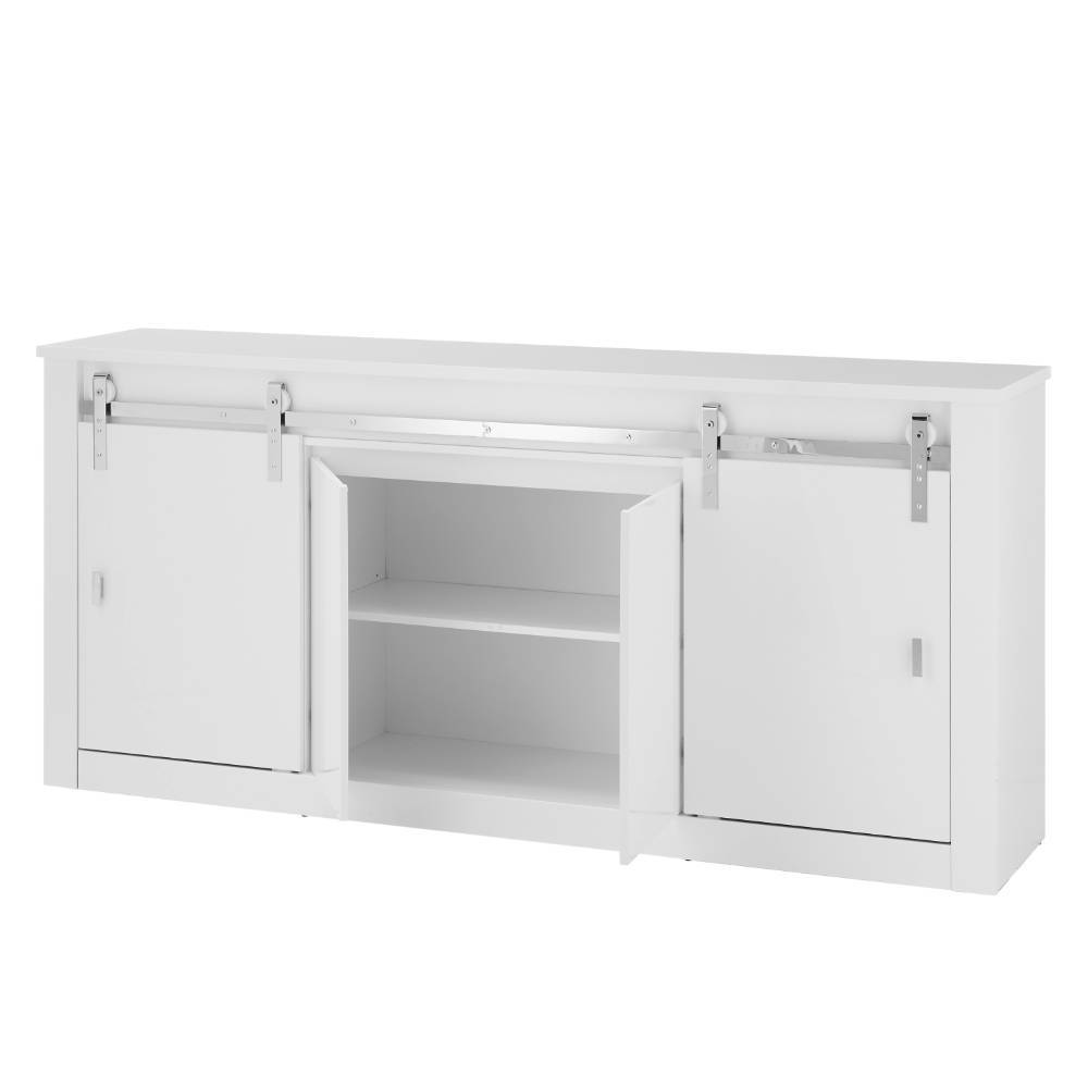 Geräumiges weißes Sideboard mit zwei Schiebetüren, mittlere Fächer offen sichtbar – Memphys
