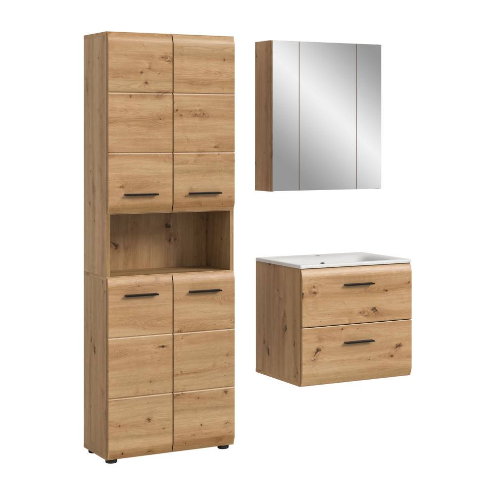 Elegantes Badezimmermöbel Schrankset in Artisan Oak mit Hängewaschtisch und Spiegelschrank – Canopus