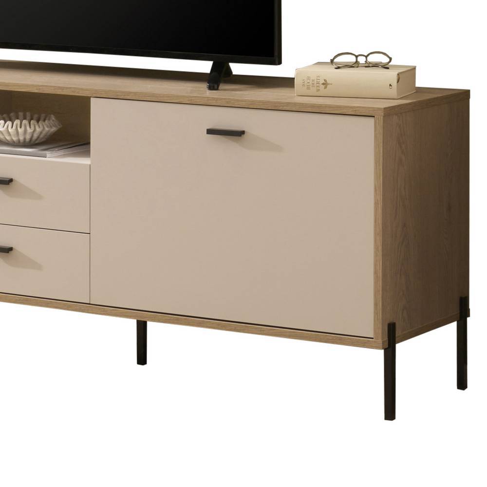 Nahaufnahme der Tür und Schublade des TV Lowboards in Beige mit Holzrahmen und schwarzen Beinen – Dasanti