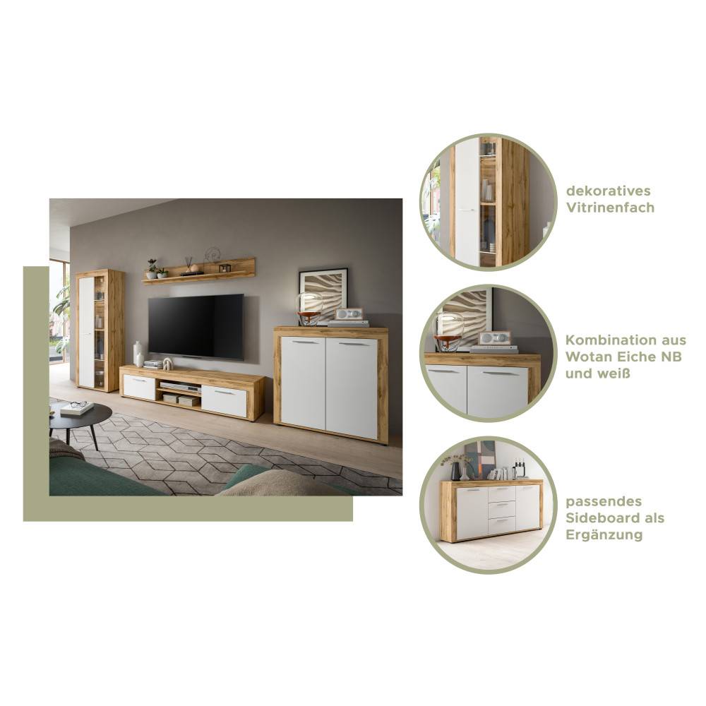 Wohnwand in Eichendekor mit Vitrinenfach und passendem Sideboard als Ergänzung – Jatiga