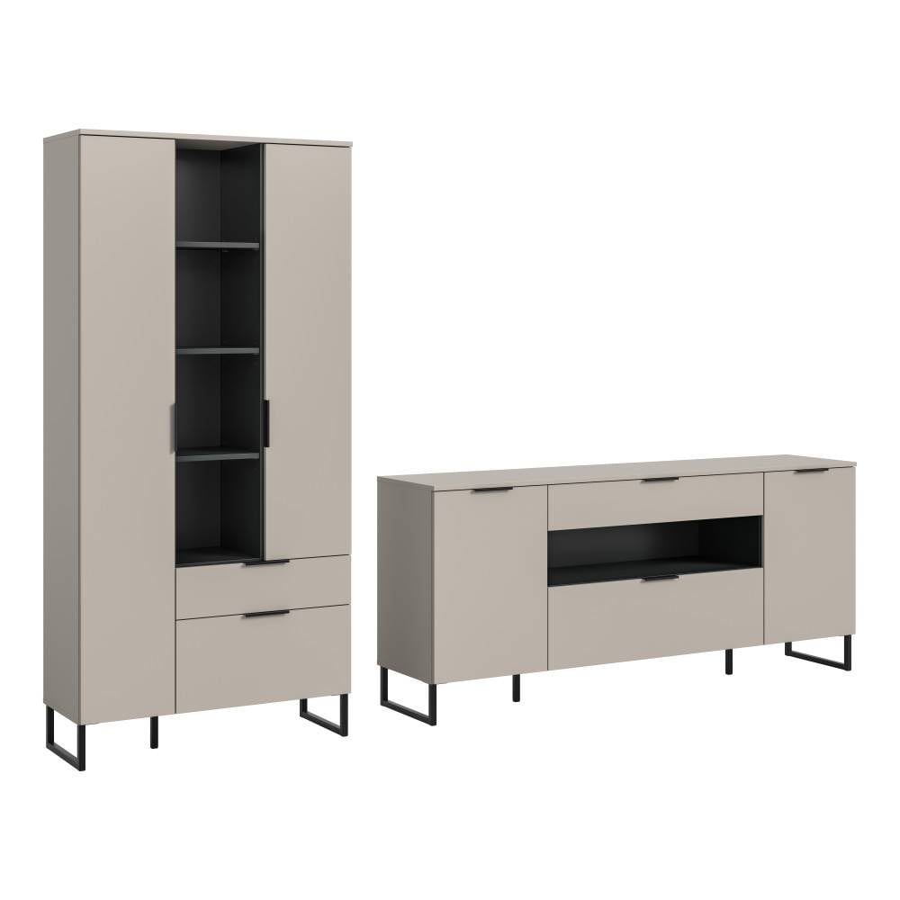 Moderne Wohnzimmer Anbauwand in Beige mit Anthrazit und schwarzen rahmenförmigen Füßen – Ostinia