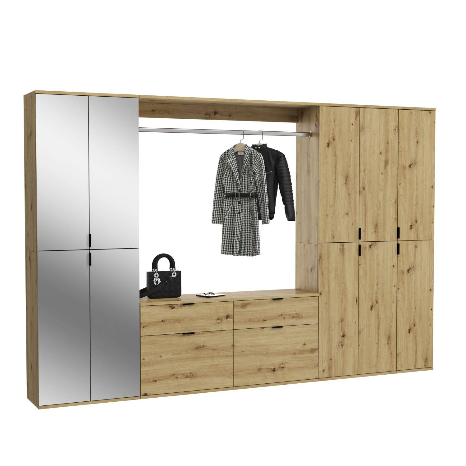 Vierteiliges Garderobenset in Holzoptik mit Spiegelfront, offener Nische und vielen Türen – Pretty
