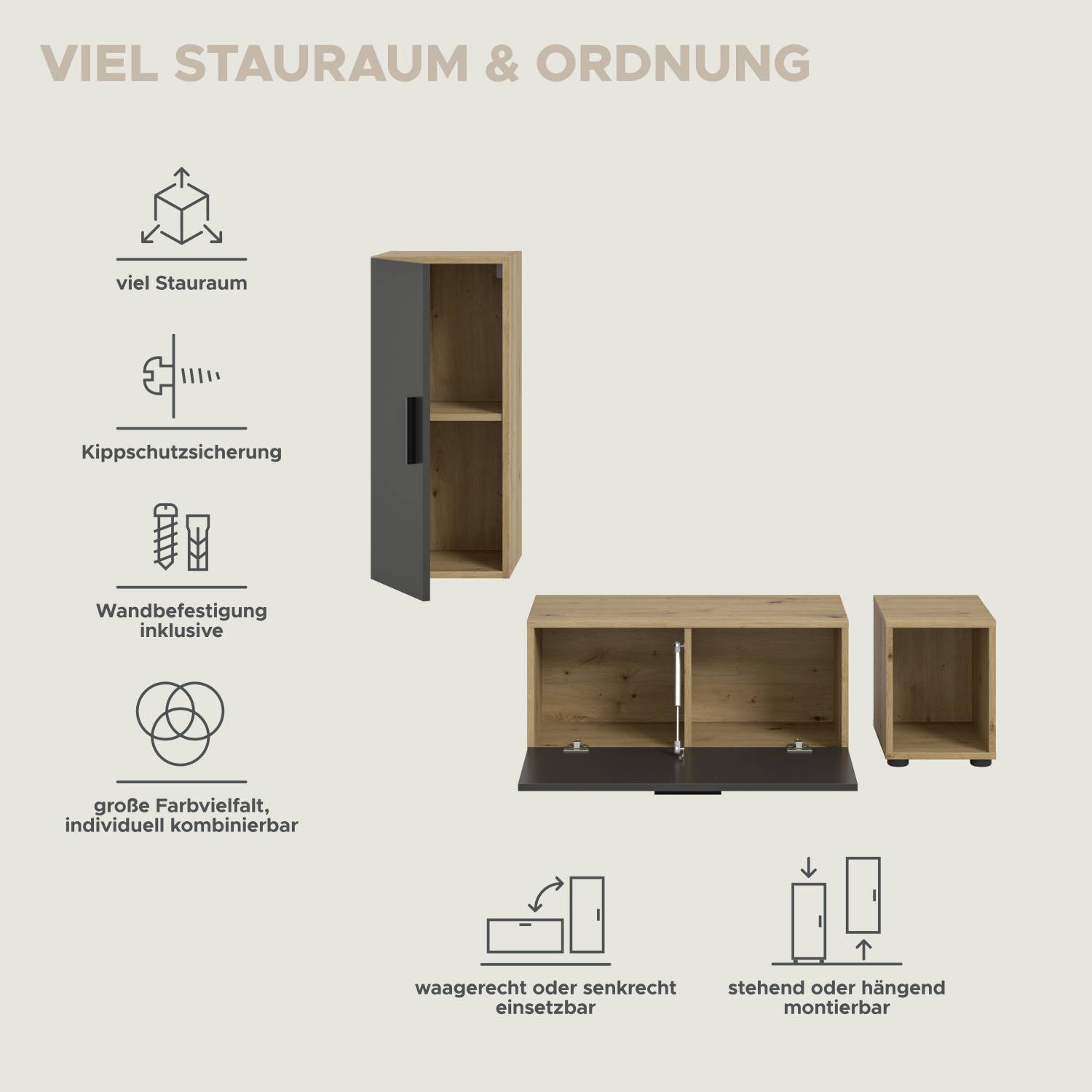 Flexible Anbauwand mit viel Stauraum, Wandbefestigung und Kippschutz in Artisan Oak – Estoron