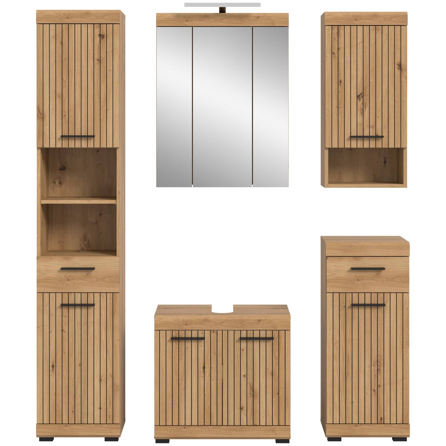 Komplettes Badmöbelset in heller Holzoptik mit Rillenstruktur – Lasewood