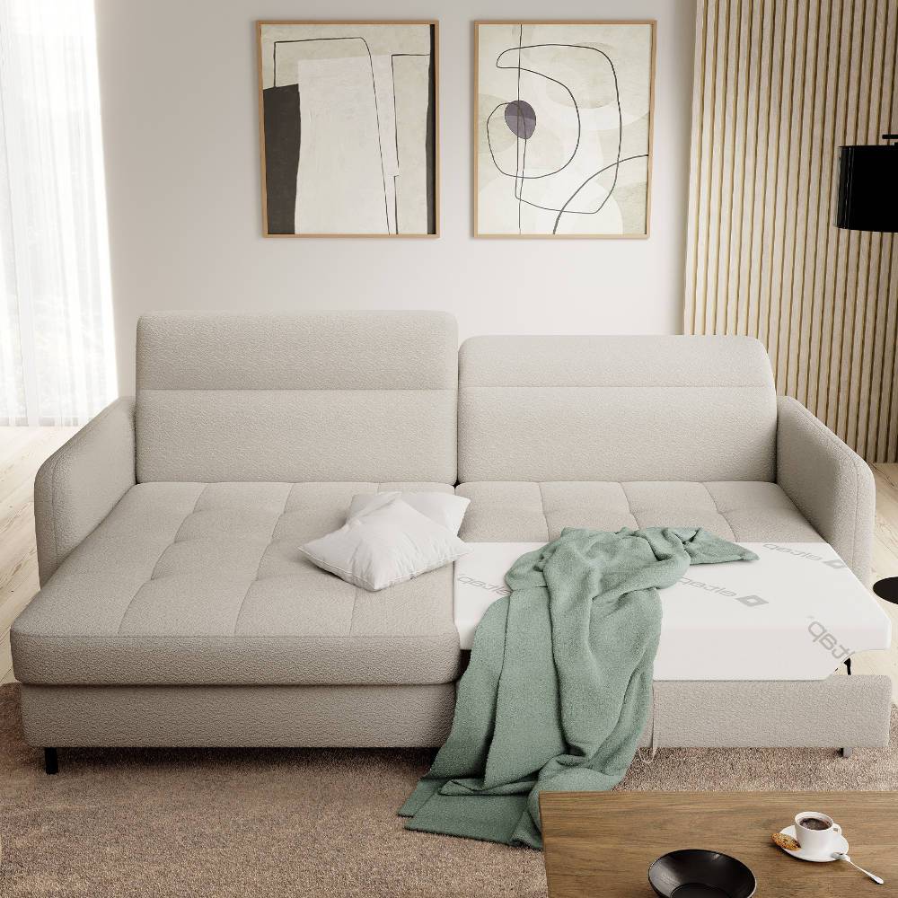 L-Design Bettsofa in Taupe Stoffbezug - Gravanti