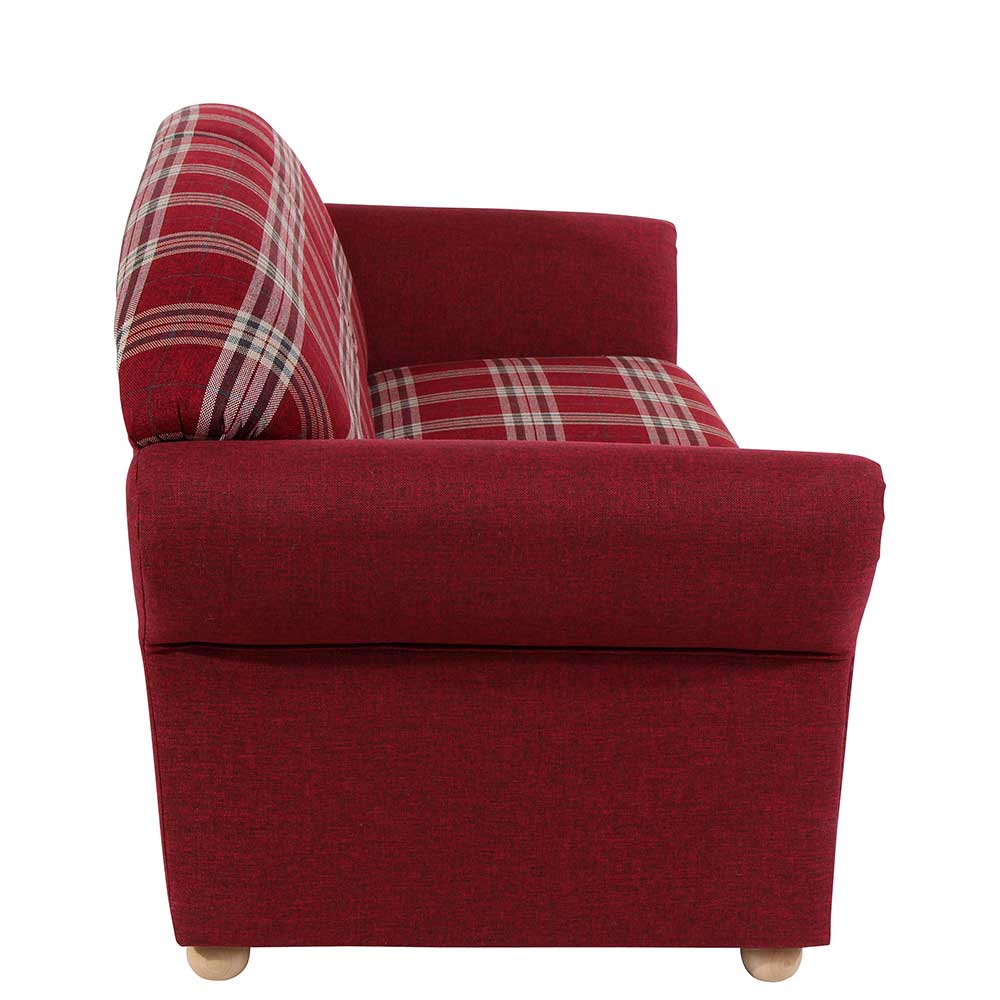 Rotes Landhaus Sofa mit Karomuster von der Seite – Lyatea