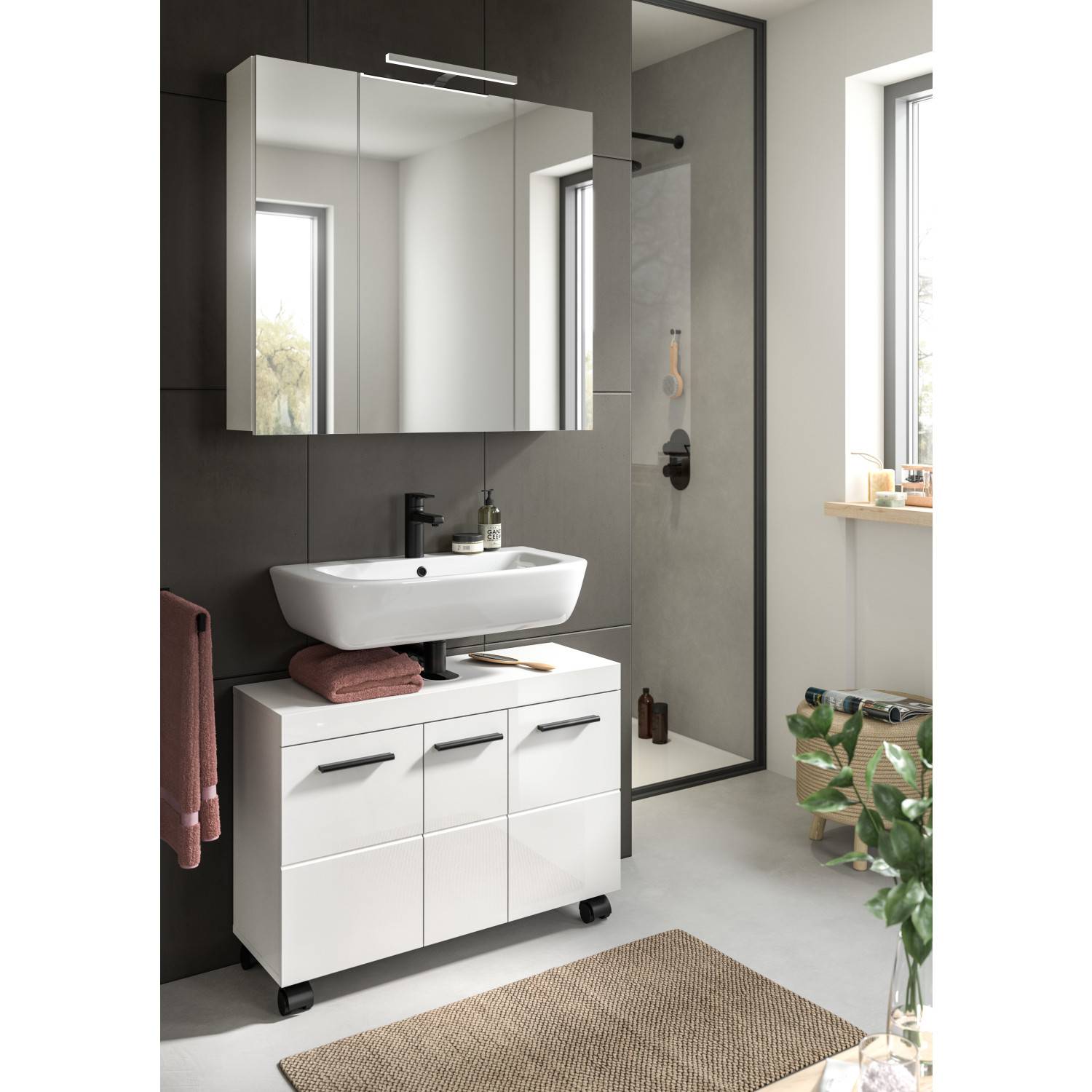 Weißes Waschplatz Set mit Waschtischunterschrank und Spiegelschrank im Badezimmer – Etna