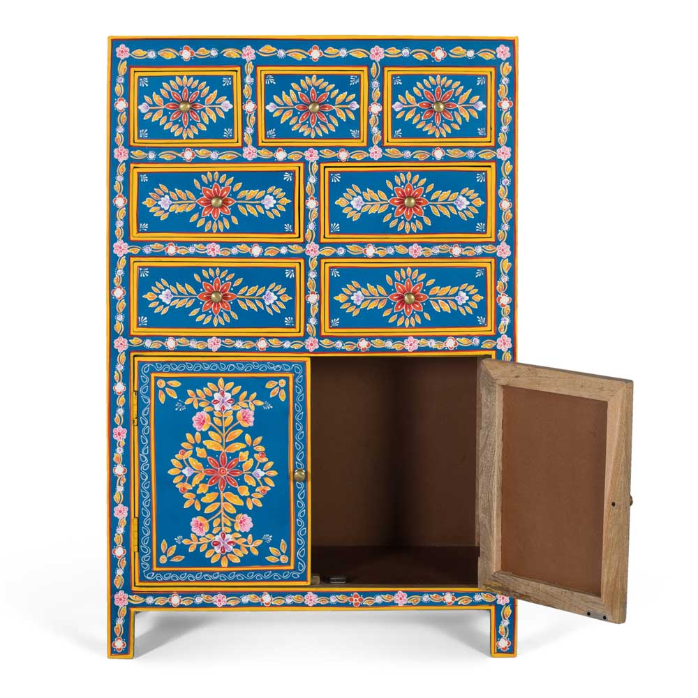 Blaues Highboard mit farbenfrohen floralen Mustern - Vonika