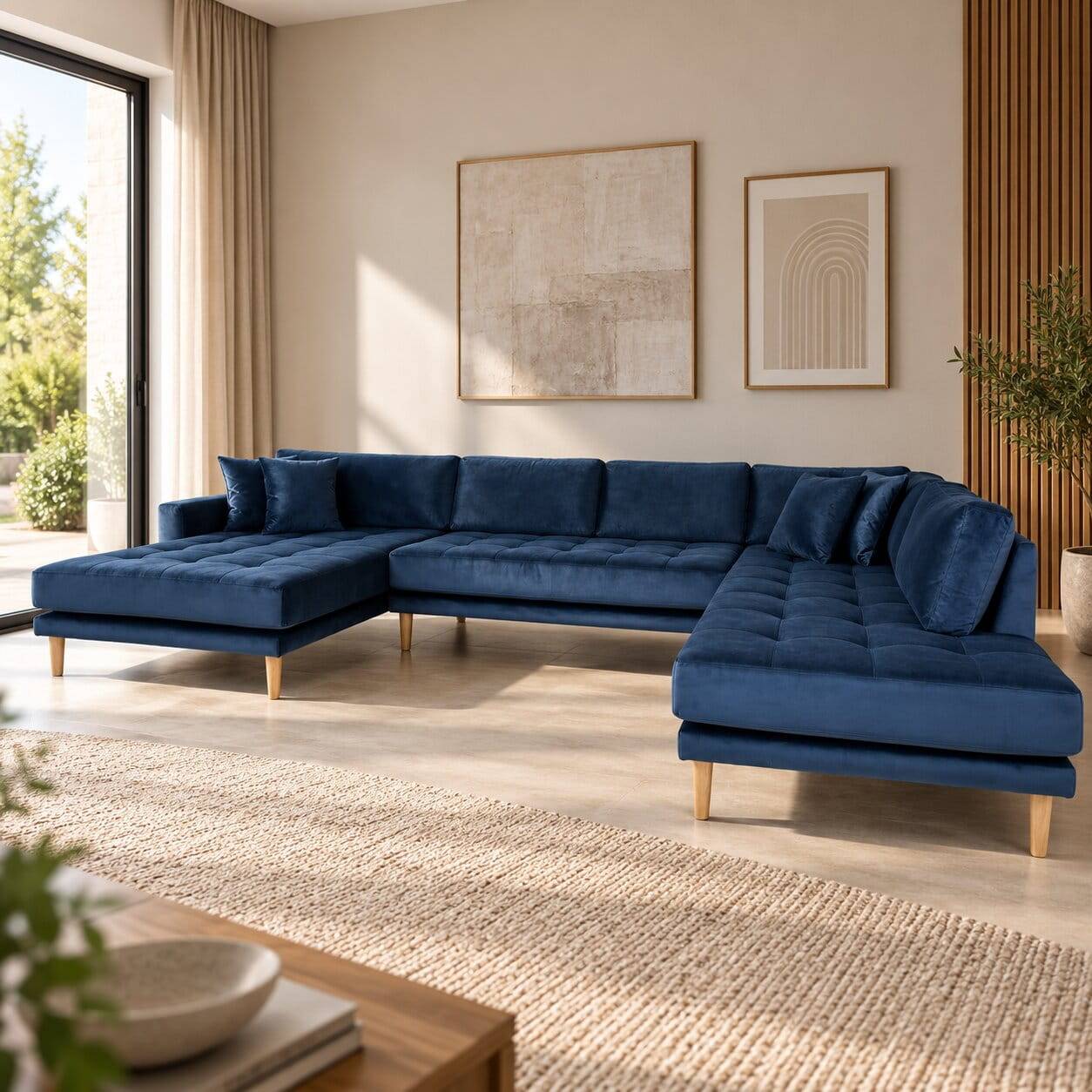 370x78x220 Samt U-Form Couch in Blau - Dominico