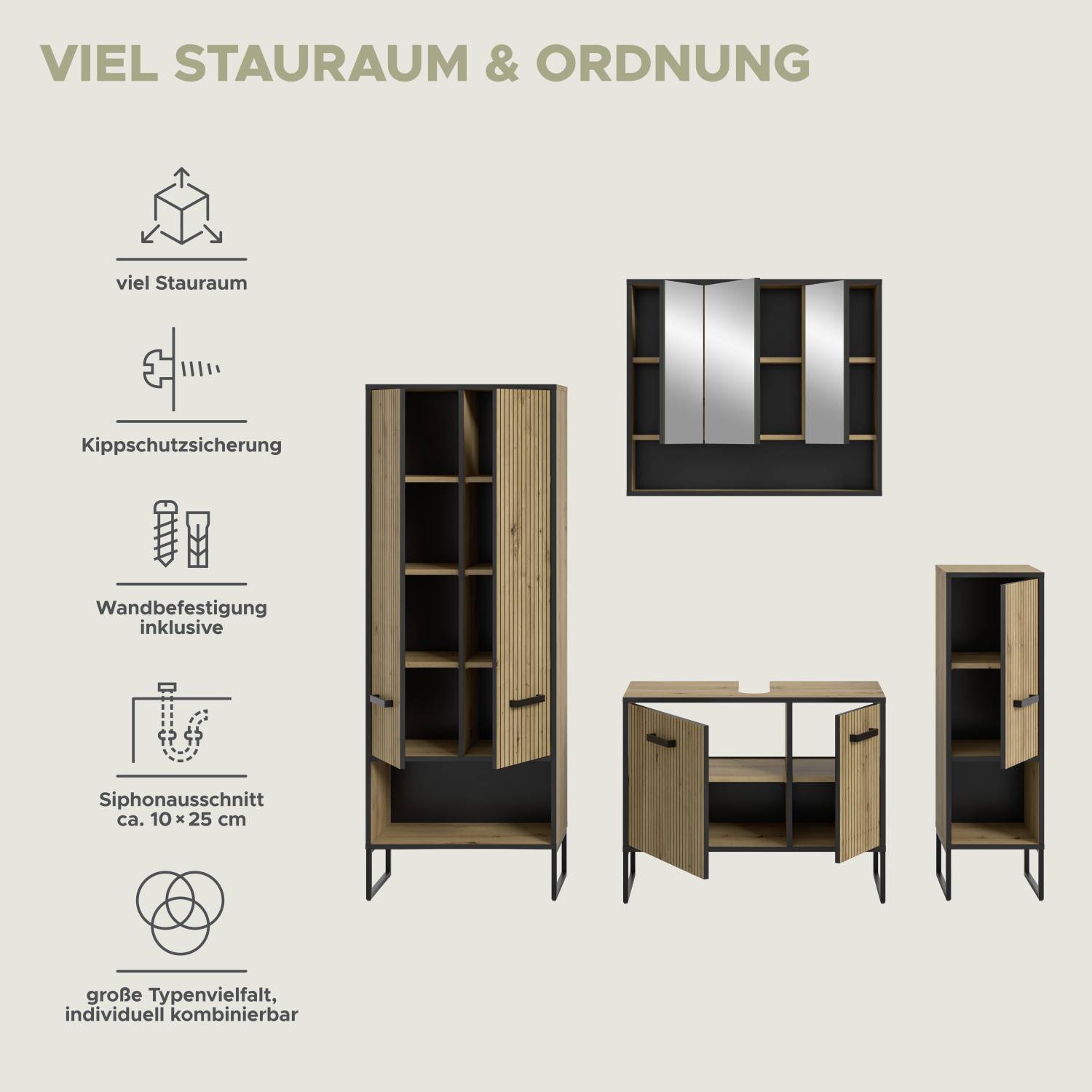 Stauraum Badmöbel Set mit Kippschutzsicherung, Wandbefestigung und Siphonausschnitt – Brutannia