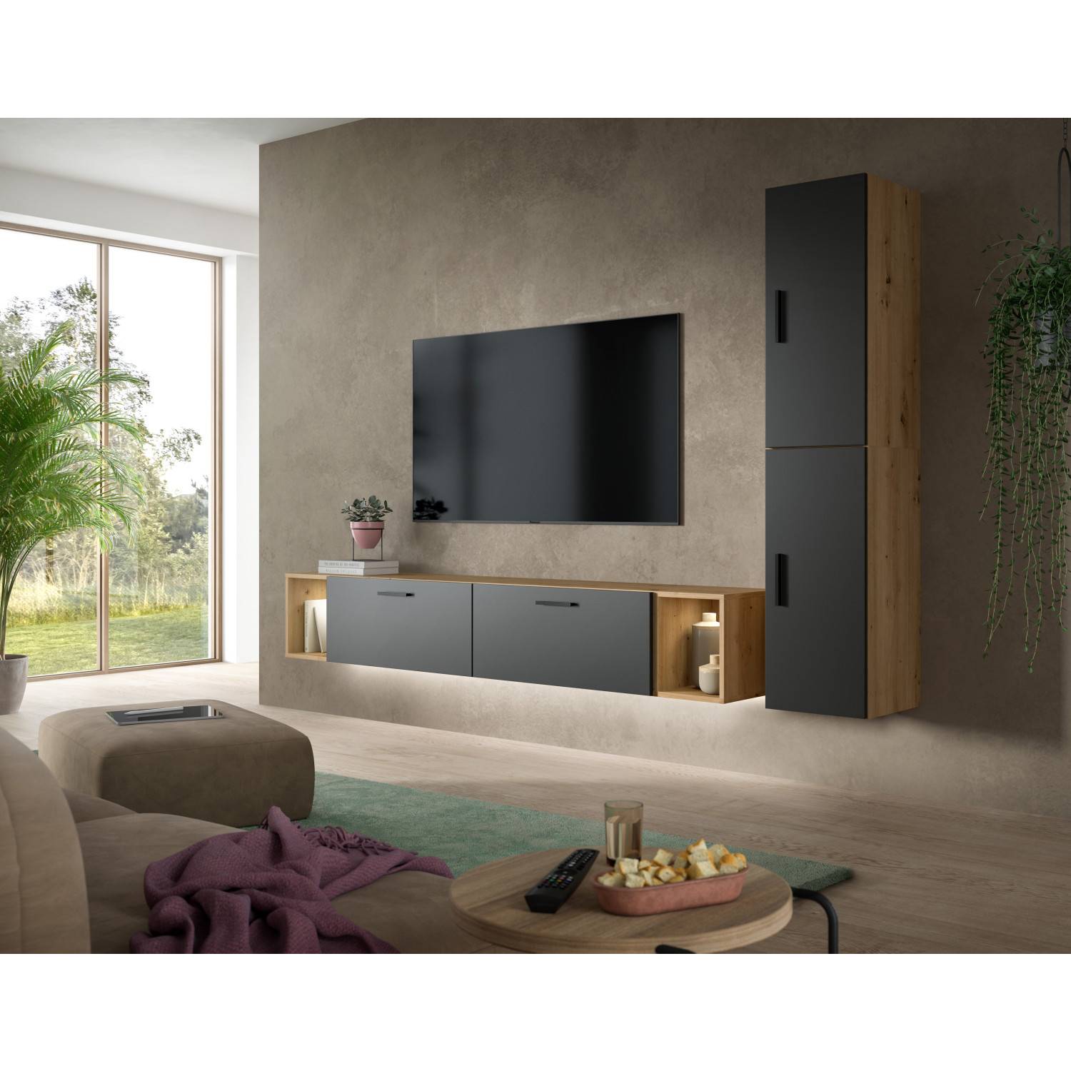 Moderne graue Medienwand mit Hängelowboard und Hochschrank in Holzoptik im Wohnzimmer – Estoron