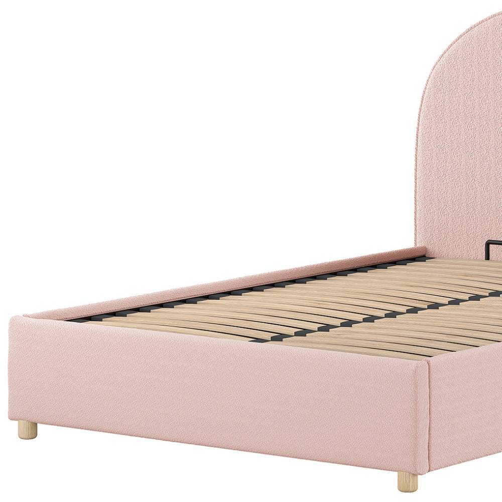 Rosa Stoffbett 140x200 aus Boucle-Gewebe mit Lattenrost im Schlafzimmer – Skylab