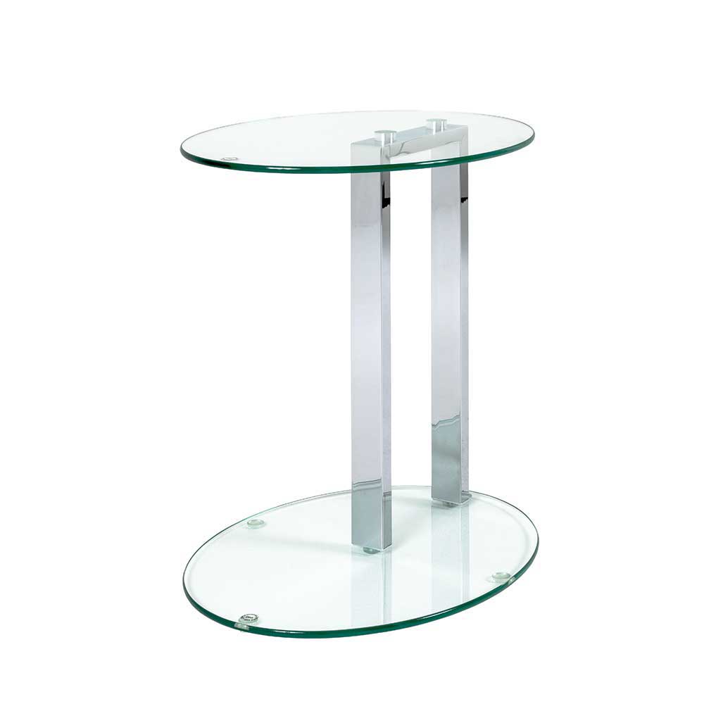 Ovaler Design Glas Beistelltisch Jaif mit Metall verchromt