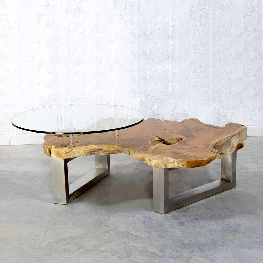 Baumkanten Designertisch Oltervas mit Extra Glasplatte rund