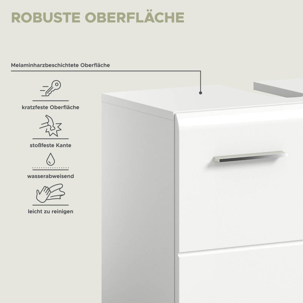 Robuste, kratzfeste und wasserabweisende Melaminharz-Oberfläche des weißen Badmöbel Sets – Clona