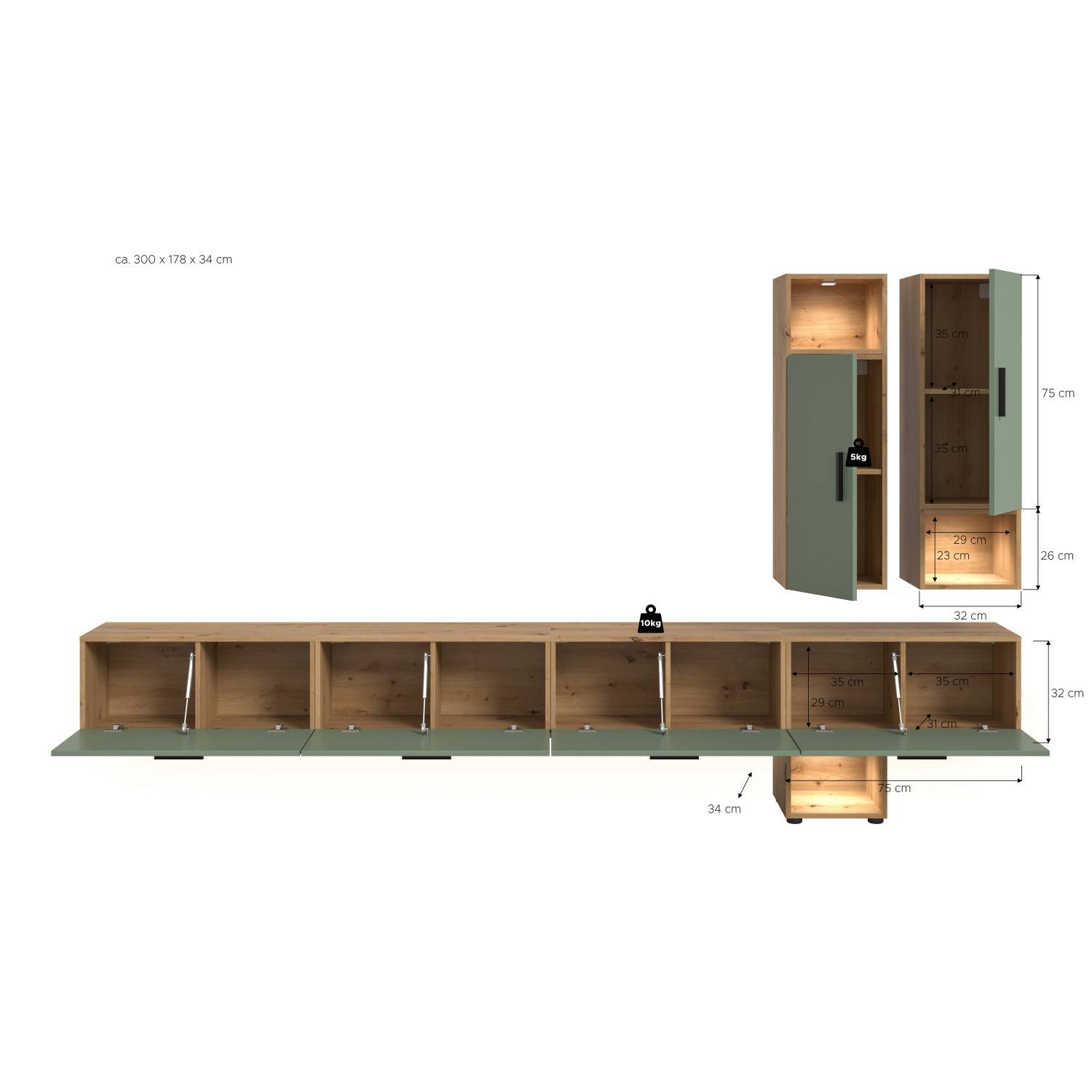 Anbauwand Jonni in Naturgrün und Holz mit allen Maßen und Abmessungen der fünf Module – Jonni