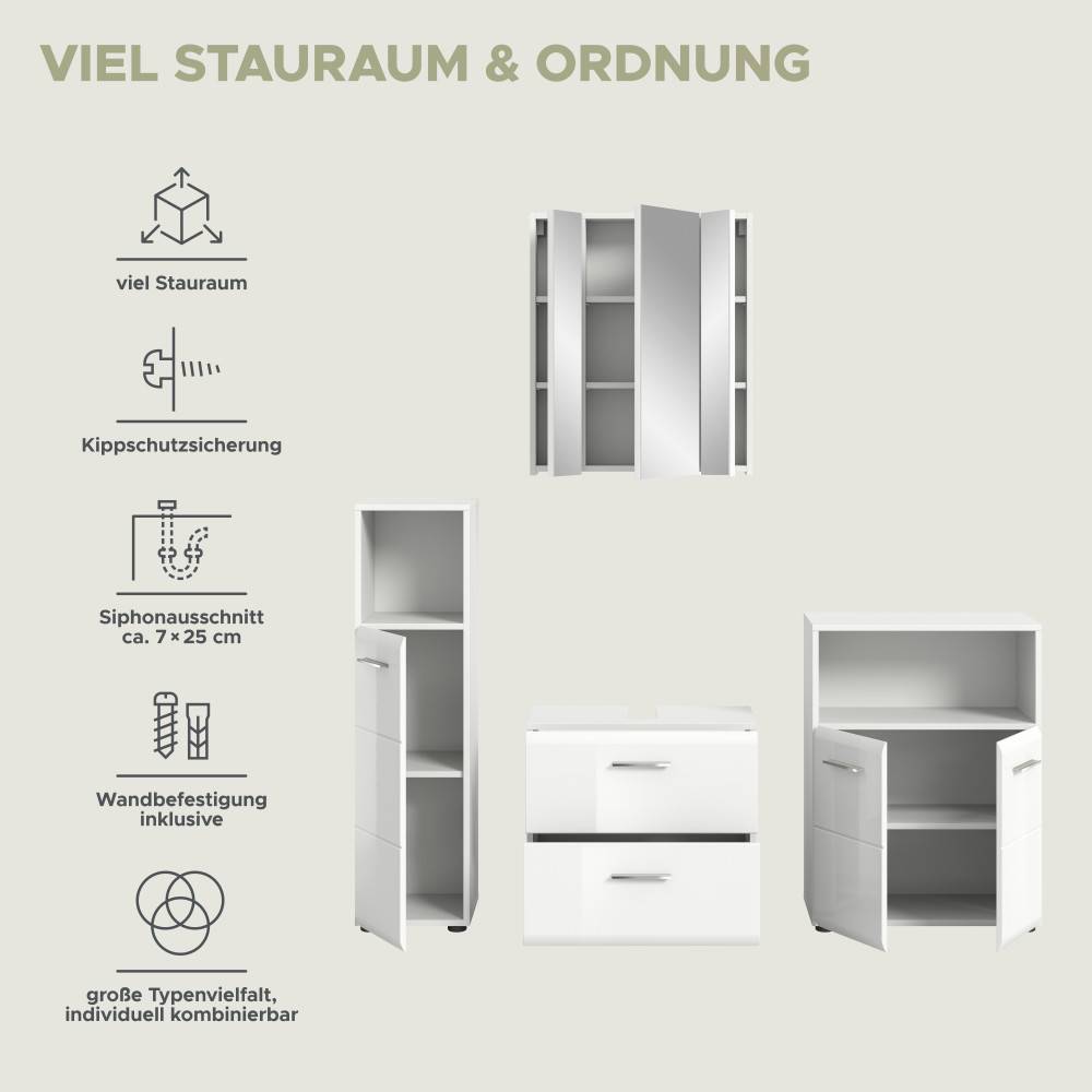 Badmöbelset Clona mit viel Stauraum, Kippschutz, Siphonausschnitt und Wandbefestigung – Clona