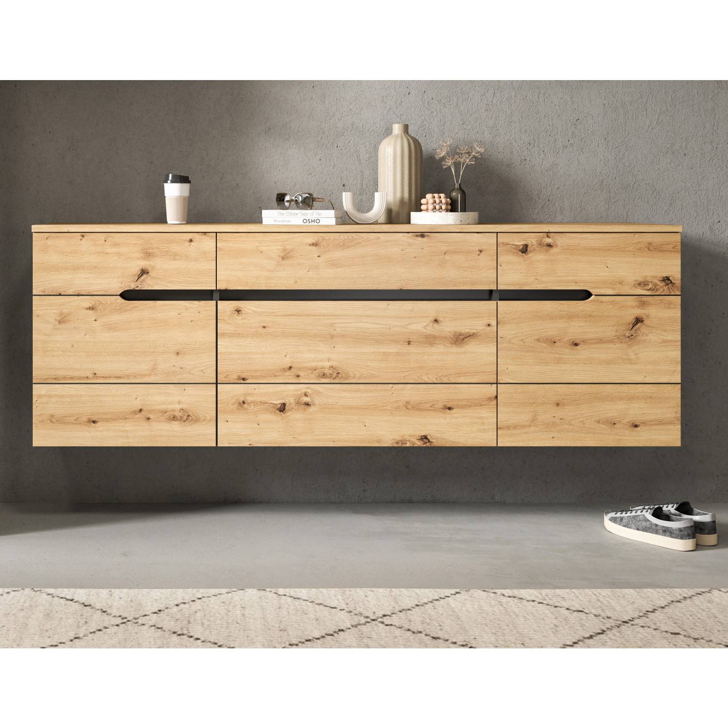 Sideboard Eiche Optik mit schwarzen Griffmulden und drei Schubladen – Irysma