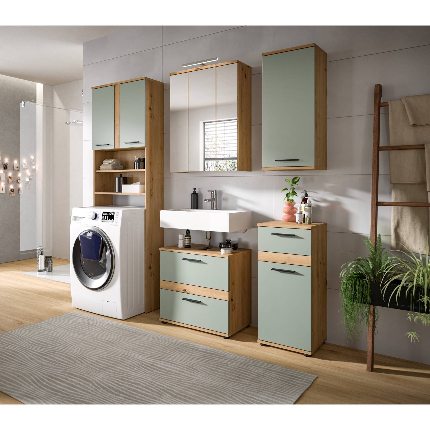 Modernes Badezimmermöbel Set in Holzoptik und Salbeigrün im Badezimmer mit Waschmaschine – Luzanos