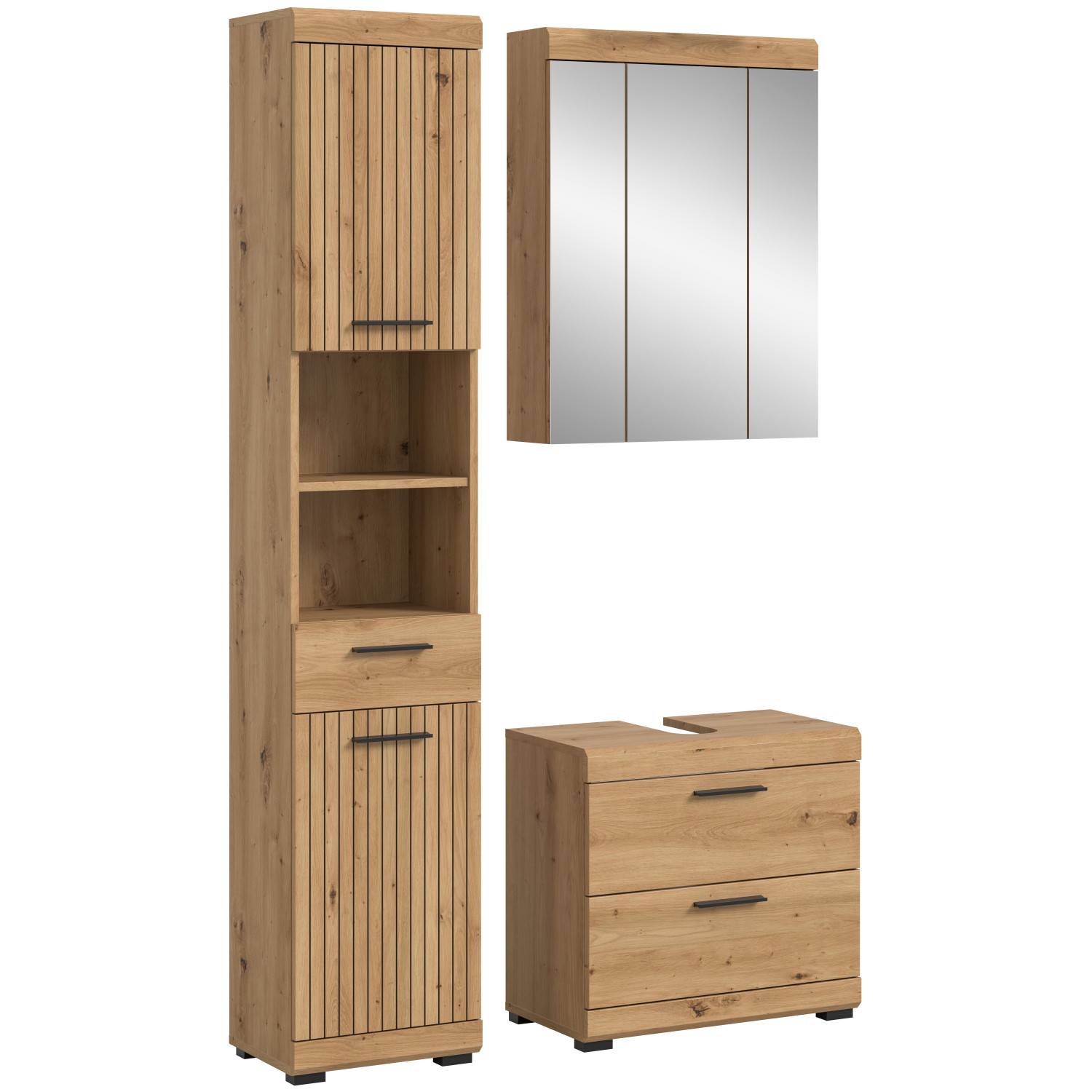 Dreiteiliges Badezimmermöbel-Set in heller Artisan Nachbildung mit Schränken und Waschtisch – Lasewood