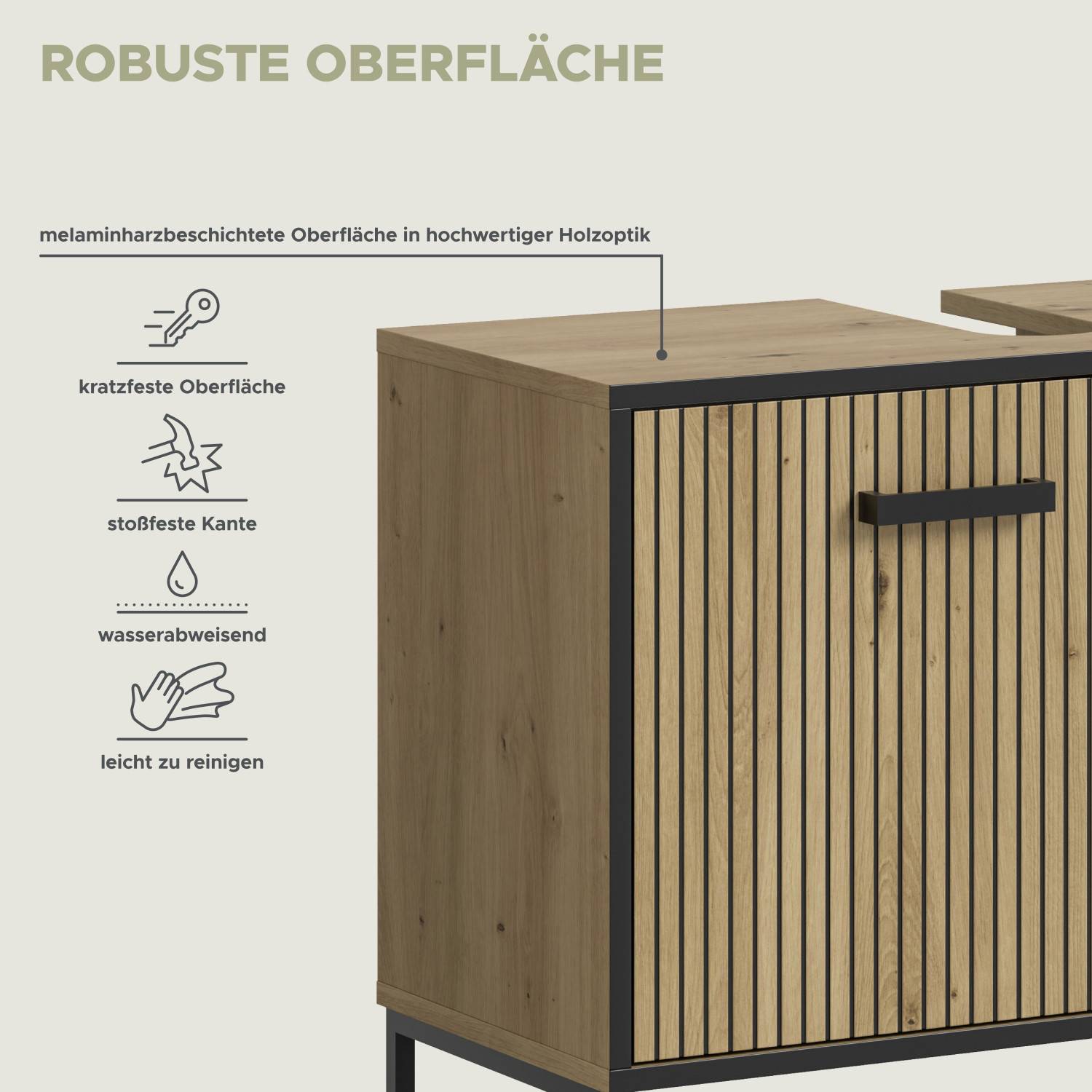 Robuste, kratzfeste und wasserabweisende Oberfläche des Waschtischunterschranks in Holzoptik – Brutannia