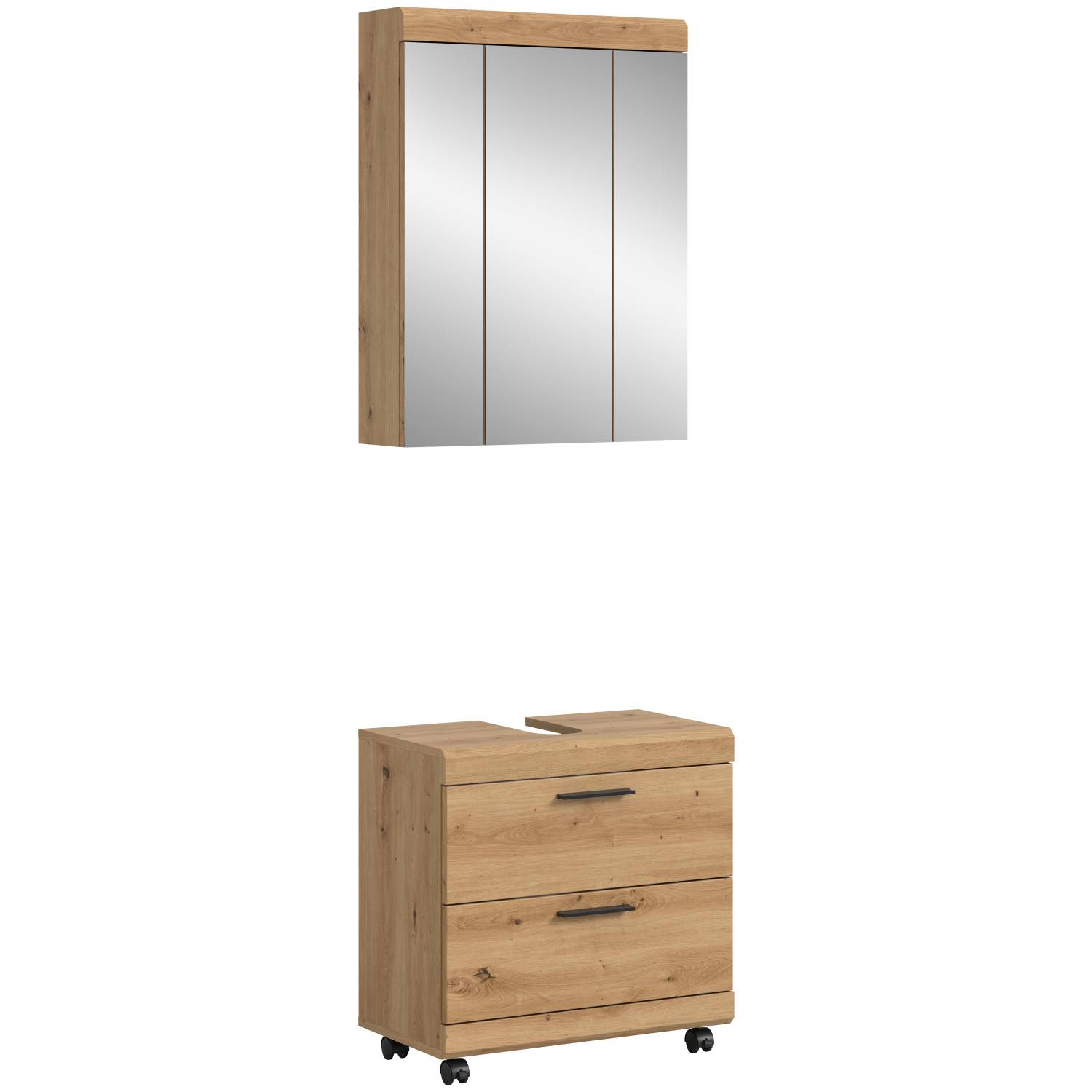 Zweiteiliger Waschbeckenschrank mit Rollen und passendem Spiegelschrank für das Badezimmer in Holzoptik – Lasewood