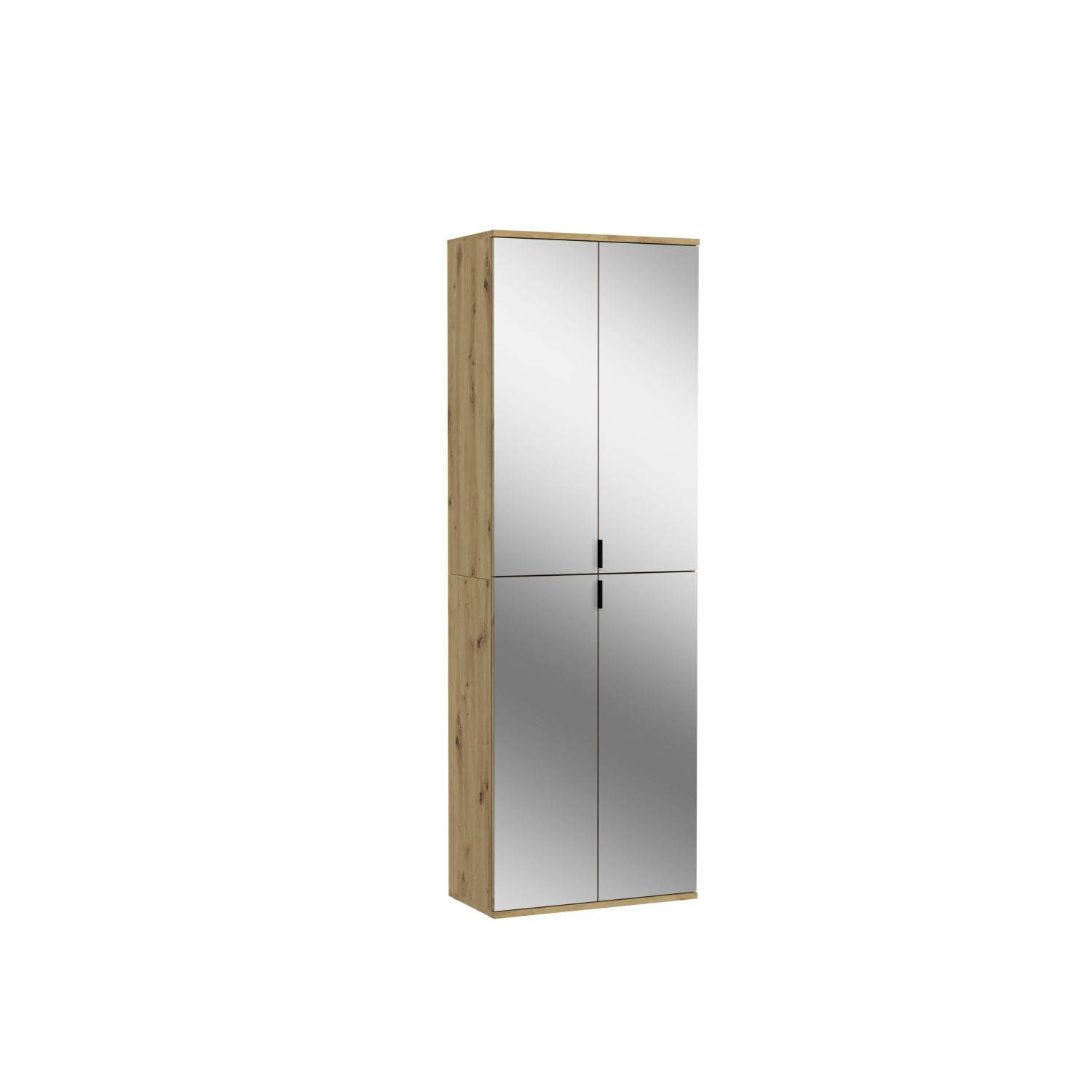 Hochschrank mit vier Spiegeltüren und heller Holzoptik für Bad oder Flur – Pretty