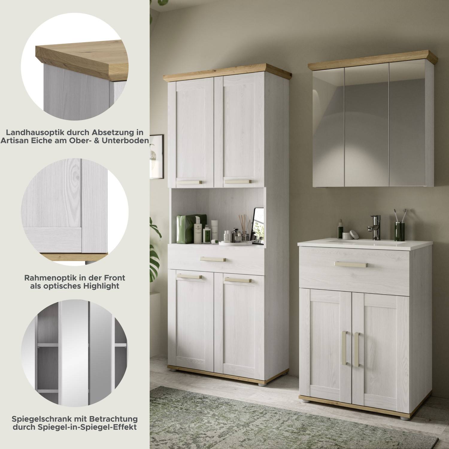 Landhausoptik Badmöbel Set mit Artisan Eiche Akzenten, Rahmenfronten und Spiegelschrank mit Spiegeleffekt – Tocella