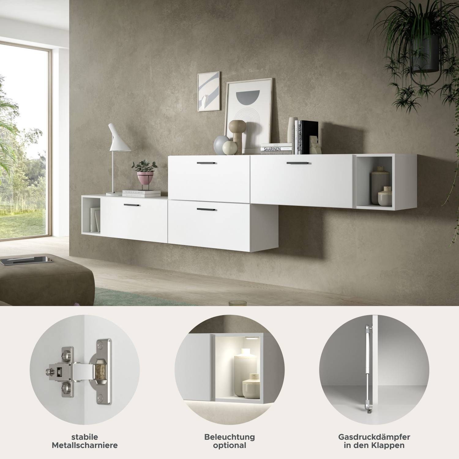 Weiße Schrankwand im Wohnzimmer mit stabilen Metallscharnieren und Gasdruckdämpfern – Actionsa
