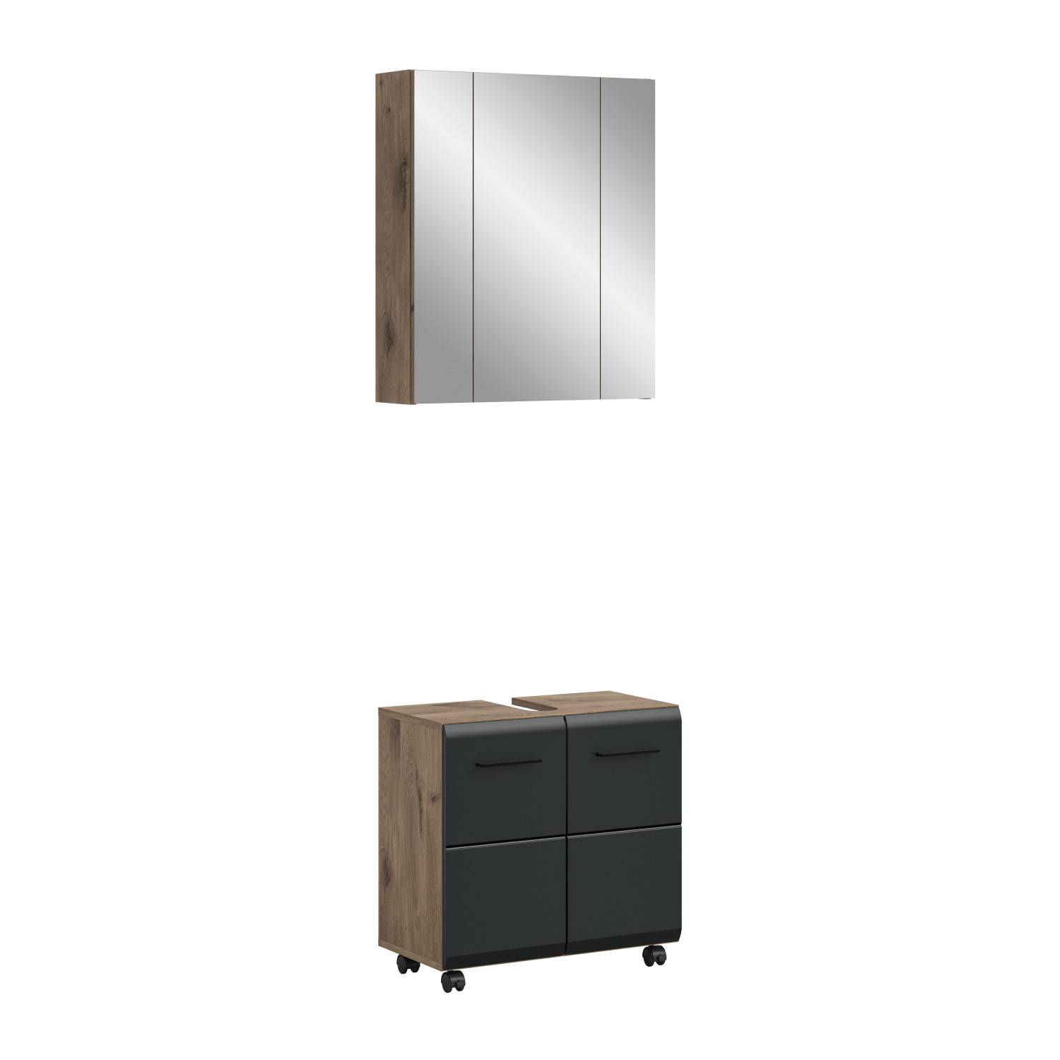 Waschplatz Set mit geschlossenem Spiegelschrank und Unterschrank in Holzdekor und Anthrazit matt – Karina