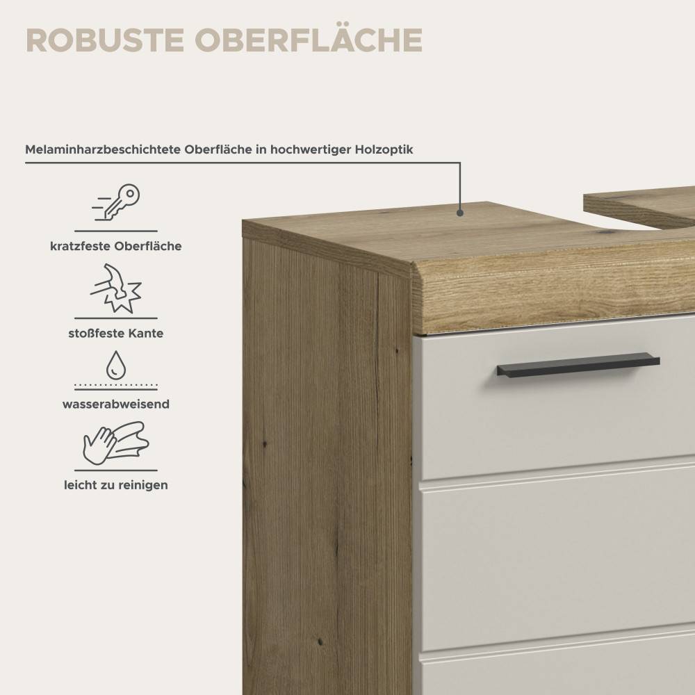 Robuste, kratzfeste und wasserabweisende Melaminharzbeschichtung in Holzoptik und Sand für Badmöbel – Casserra