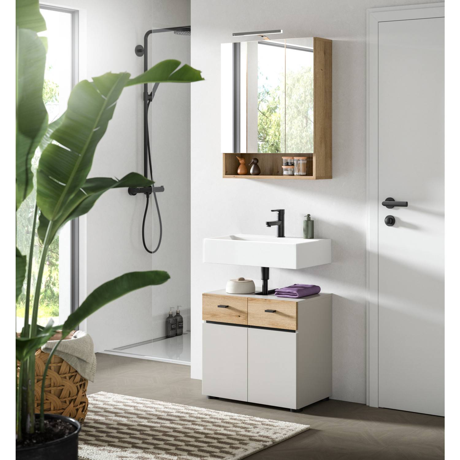 Komplettes Badezimmer-Set mit Lichtspiegelschrank und Waschtischunterschrank in Holzoptik – Majoristo