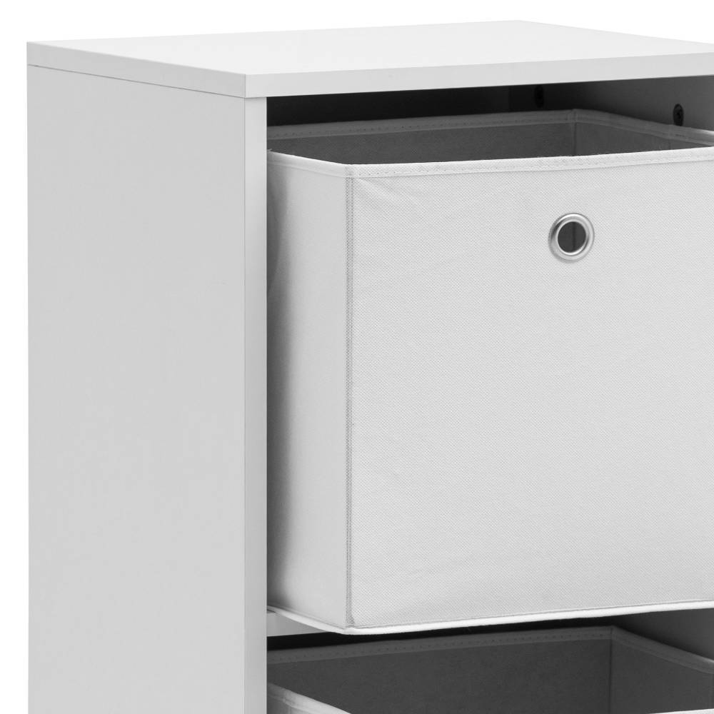 Weißes Standregal mit einer geöffneten hellgrauen Stoff-Faltbox zur besseren Organisation – Rozenna