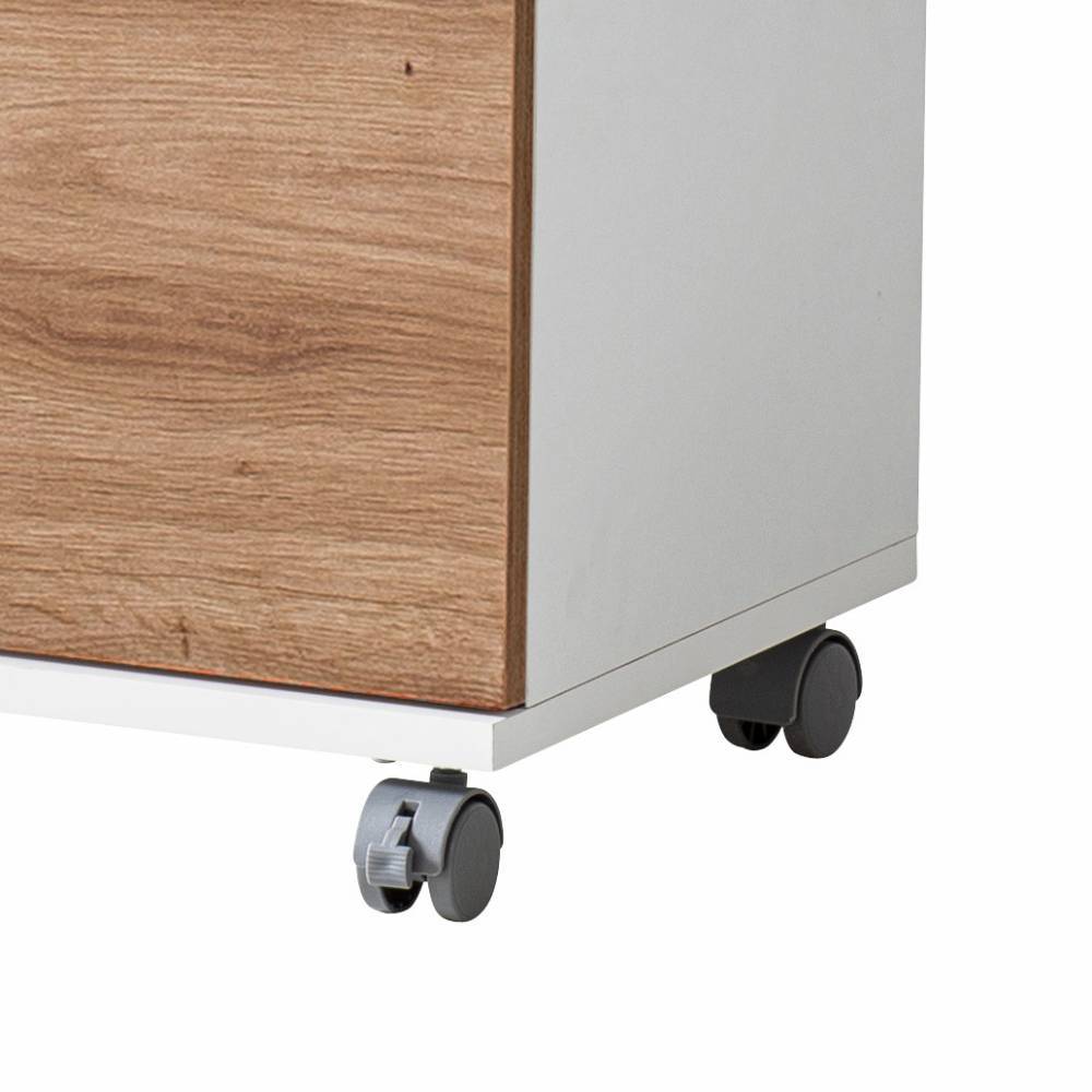Mobile Rollen am modernen Waschbeckenunterschrank in Weiß und Holzoptik – Tolucara
