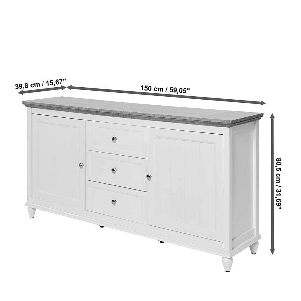 Landhaus Sideboard in Weiß und Eiche - Smaly